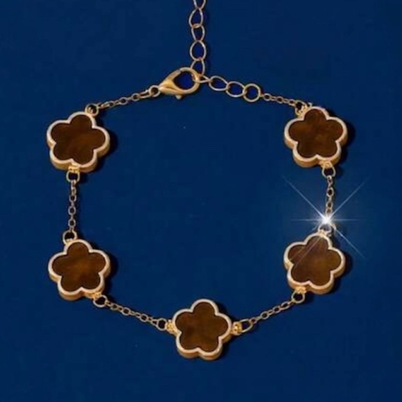 Gold Plated Flower clover Bracelet Stainless Steel Womens jewelry Brown NWT - Picture 1 of 8